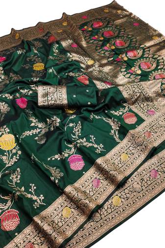 dark green art silk zari woven saree with blouse