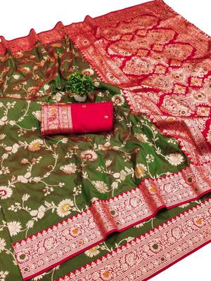 Mehendi art silk blend zari woven saree with blouse 1