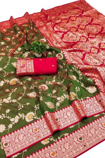 mehendi art silk zari woven saree with blouse