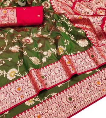 Mehendi art silk blend zari woven saree with blouse 2