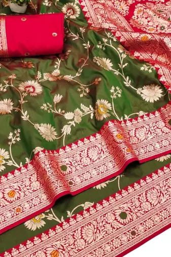 Mehendi art silk blend zari woven saree with blouse