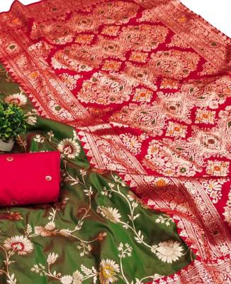 Mehendi art silk blend zari woven saree with blouse 3