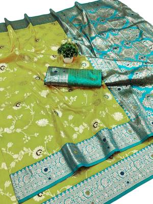 lime green art silk blend zari woven saree with blouse 1