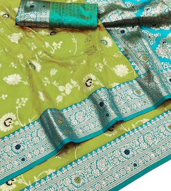 lime green art silk blend zari woven saree with blouse 2