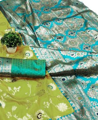 lime green art silk blend zari woven saree with blouse 3
