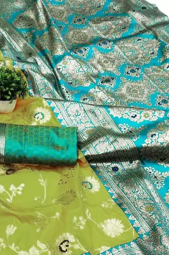 lime green art silk blend zari woven saree with blouse