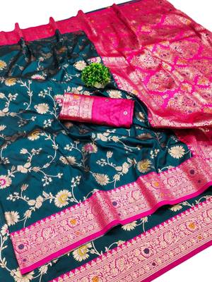 blue art silk blend zari woven saree with blouse 1