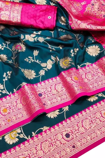 blue art silk blend zari woven saree with blouse