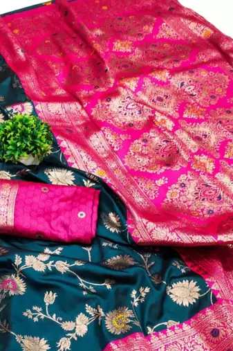 blue art silk blend zari woven saree with blouse