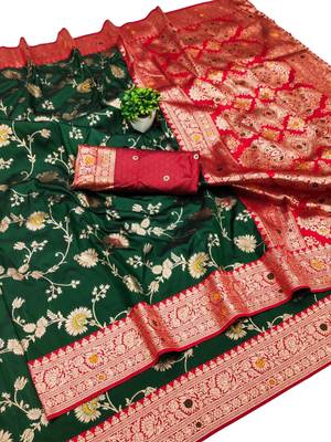 dark green art silk blend zari woven saree with blouse 1