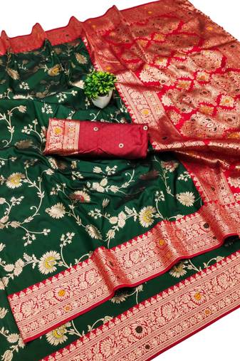dark green art silk zari woven saree with blouse