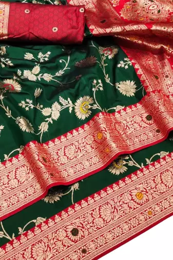 dark green art silk blend zari woven saree with blouse