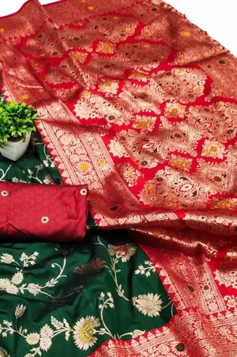dark green art silk blend zari woven saree with blouse