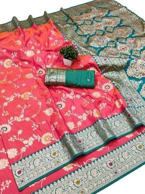 peach art silk blend zari woven saree with blouse 1