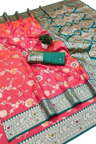 peach art silk zari woven saree with blouse