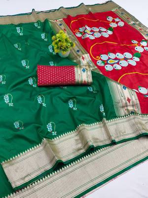 green zari woven art silk blend saree with blouse 1