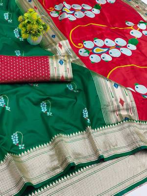 green zari woven art silk blend saree with blouse 2