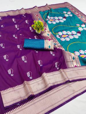 purple zari woven art silk blend saree with blouse 1