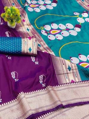 purple zari woven art silk blend saree with blouse 2