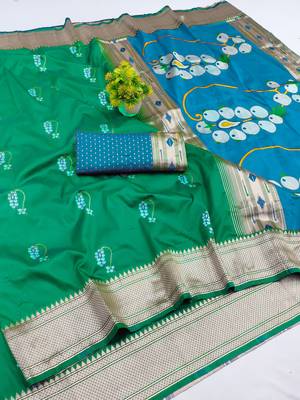 green zari woven art silk blend saree with blouse 1