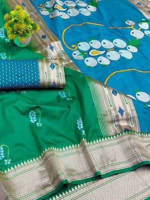green zari woven art silk blend saree with blouse 2