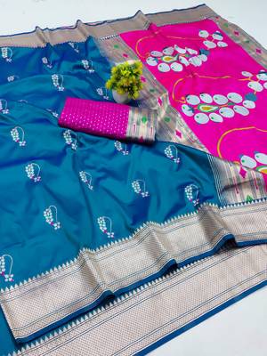 blue zari woven art silk blend saree with blouse 1