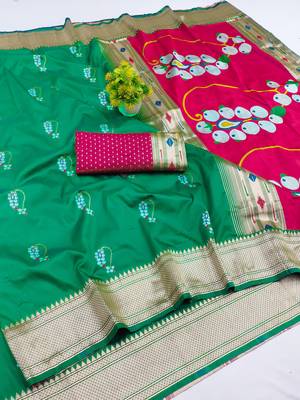 green zari woven art silk blend saree with blouse 1