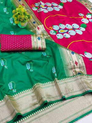 green zari woven art silk blend saree with blouse 2