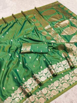 parrot green art silk blend zari woven saree with blouse 1