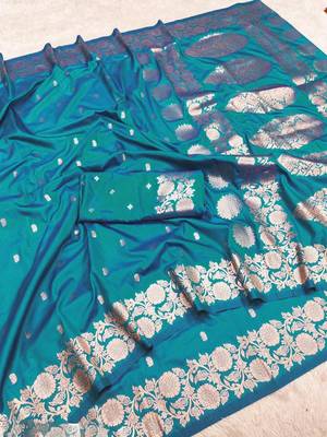 light blue art silk blend zari woven saree with blouse 1