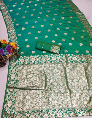 Pista green art silk blend zari woven saree with blouse 1