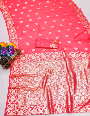 peach art silk blend zari woven saree with blouse 1
