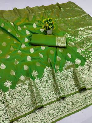 parrot green art silk blend zari woven saree with blouse 1