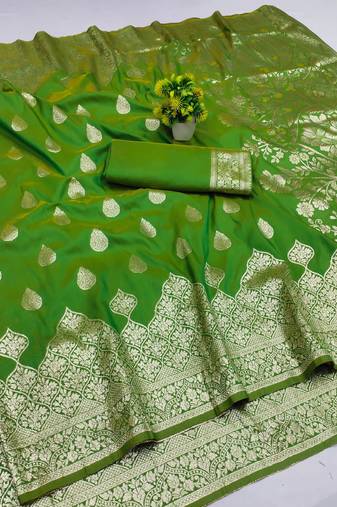 parrot green art silk zari woven saree with blouse