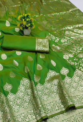 parrot green art silk blend zari woven saree with blouse 2
