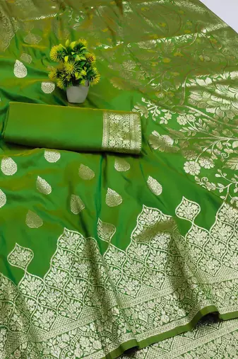 parrot green art silk blend zari woven saree with blouse