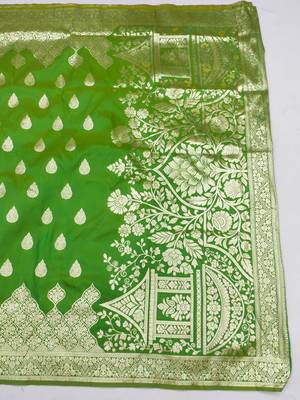parrot green art silk blend zari woven saree with blouse 4