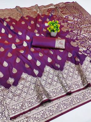 wine art silk blend zari woven saree with blouse 1