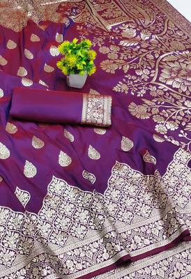 wine art silk blend zari woven saree with blouse 2