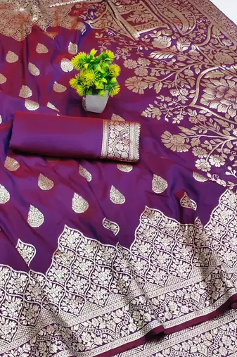 wine art silk blend zari woven saree with blouse