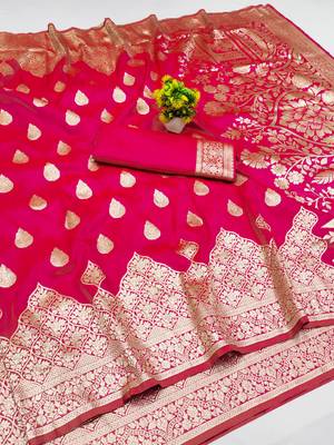 rani pink art silk zari woven saree with blouse 1