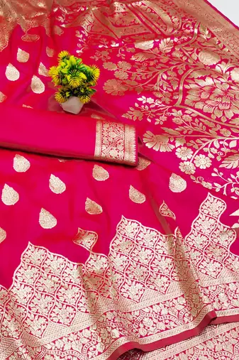 rani pink art silk blend zari woven saree with blouse