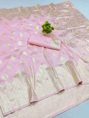 baby pink art silk zari woven saree with blouse 1