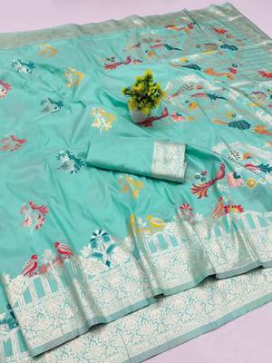 sea green zari woven art silk blend saree with blouse 1