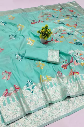 sea green zari woven art silk saree with blouse