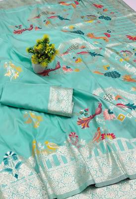 sea green zari woven art silk blend saree with blouse 2