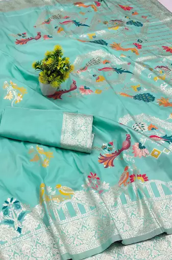 sea green zari woven art silk blend saree with blouse