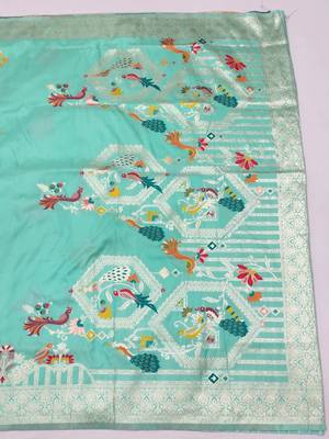 sea green zari woven art silk blend saree with blouse 4