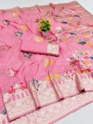 gajri pink zari woven art silk blend saree with blouse 1