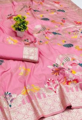 gajri pink zari woven art silk blend saree with blouse 2